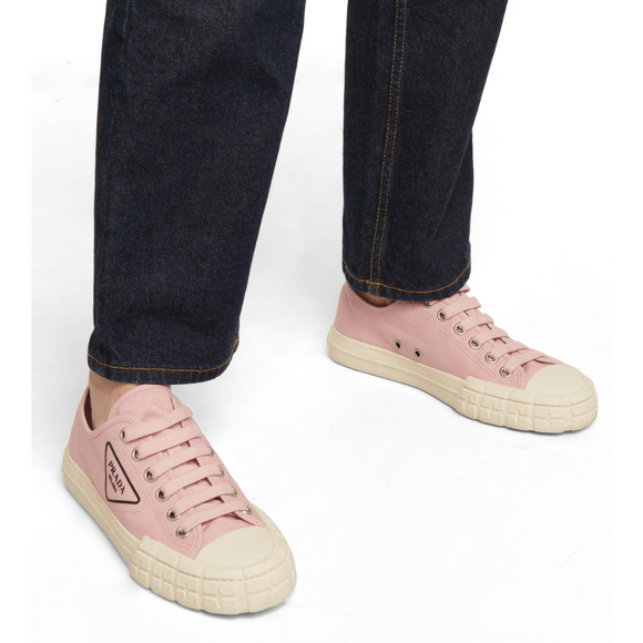 Prada Wheel Canvas Pesco Pink Logo Lace Up Tie Flat Low Top Trainer Sneaker 37 - Picture 3 of 12